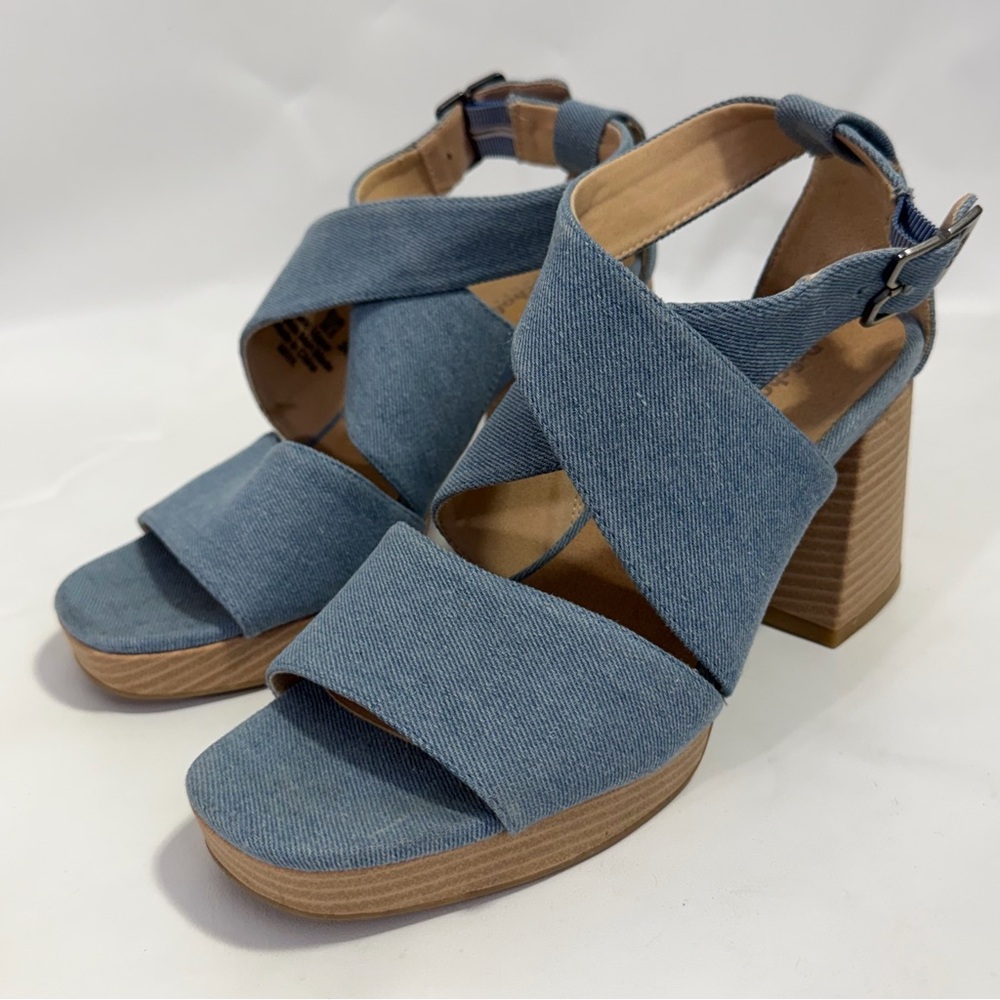 Dr Scholl’s Platform Chunky Heels Ankle Strap Sandals 8 M Blue Denim - Picture 13 of 15